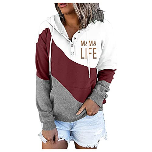 EVAEVA Frauen-Pullover-Taschen-Kordelzug, langärmliger Knopf-Hoodie, bedrucktes Blusenhemd Damen Kapuzenpullover Ladies Hoody Frauen Kapuzensweatshirt Basic Sweater von EVAEVA