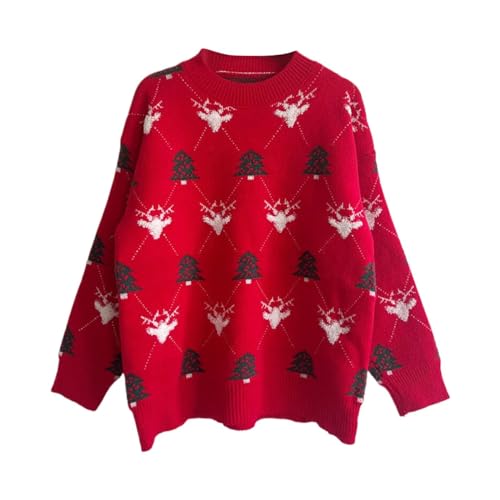 EVAEVA Weihnachtspullover Damen Gestrickte Weihnachtsmann Christmas Sweater Weihnachtspullover Neuheit Lustig Langarmshirt Teenager Mädchen Warm Strickpullover Schneeflocken Winter Pullis (Red, XL) von EVAEVA