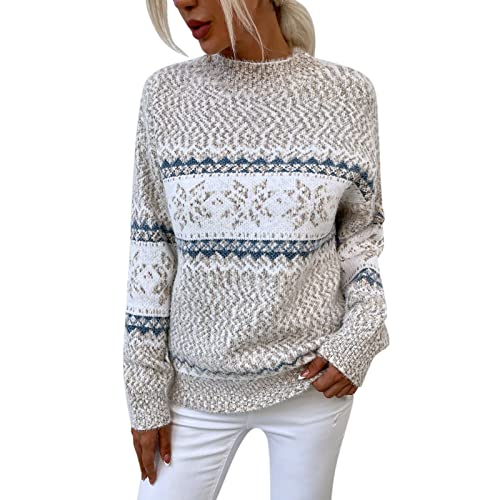 EVAEVA Weihnachtspullover Damen Gestrickte Weihnachtsmann Gedruckt Pullover Damen Weihnachtspulli Jumper Lustig Langarmshirt Teenager Mädchen Rundhalsausschnitt Lange Sleeve Weihnachten (Beige, M) von EVAEVA