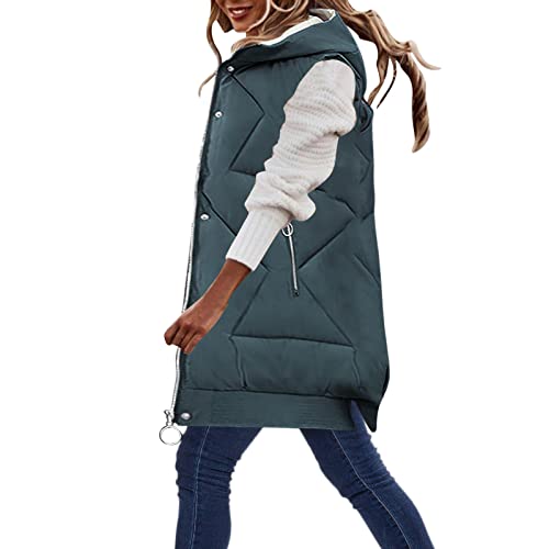 Hooded Leichte Weste Jacke Lange Lose Einreihige, mittellange Baumwolljacke, Weste, schmaler Cardigan-Mantel mit fester Kapuze für Damen Kapuzenweste Lange Steppweste Winteroberbekleidung (B, XL) von EVAEVA