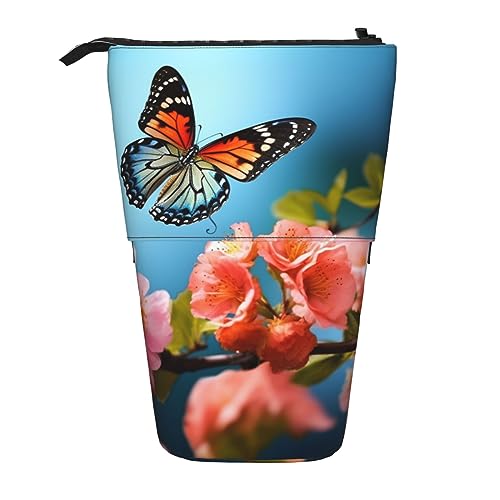 EVANEM 3D Art Printed Pencil Case Standing Pen Holder Telescopic Pencil Pouch Oxford Cloth Pop Up Makeup Bag for Office Middle, Schmetterling mit Blumen, Einheitsgröße, Taschen-Organizer von EVANEM