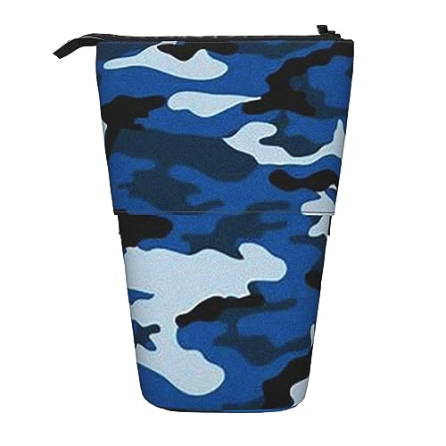 EVANEM Blau Folk Art Muster Gedruckt Bleistift Fall Stehen Stifthalter Teleskop Bleistift Pouch Oxford Tuch Pop Up Make-up Tasche für Büro Mitte, blau camouflage, Einheitsgröße, Taschen-Organizer von EVANEM