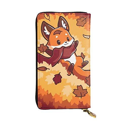 EVANEM Cartoon Dog Damen Lange Geldbörse - Leder Reißverschluss Clutch Geldbörse - Stilvolle Münzbörse mit Kartenfächern, Niedlicher Herbstfuchs, Einheitsgröße von EVANEM