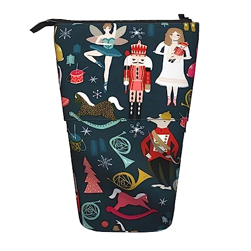 EVANEM Damen Nussknacker Xmas Dance Gedruckt Federmäppchen Stehender Stifthalter Teleskop Bleistift Beutel Oxford Tuch Pop Up Make-up Tasche für Büro Mitte, Schwarz , Einheitsgröße, Taschen-Organizer von EVANEM