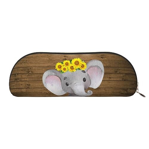 EVANEM Federmäppchen aus Leder mit Blumenmuster – Stiftehalter für Studenten, Büro, Schreibwaren, modische Kosmetiktasche, halbrunde Organizer-Tasche, Sonnenblumen-Elefant Holzboden, Einheitsgröße, von EVANEM