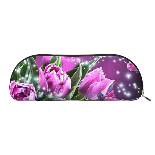 EVANEM Federmäppchen aus Leder mit Blumenmuster – Stiftehalter für Studenten, Büro, Schreibwaren, modische Kosmetiktasche, halbrunde Organizer-Tasche, Violett/Blume/Schmetterling, Einheitsgröße, von EVANEM