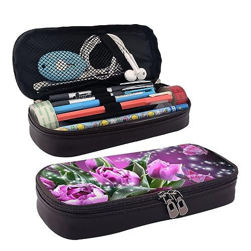 EVANEM Federmäppchen mit Blumenmuster, Leder, großes Fassungsvermögen, schmutzabweisend, Violett/Blume/Schmetterling, Einheitsgröße, Beauty Case von EVANEM