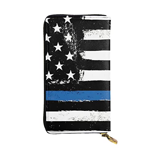 EVANEM French Dog Damen Lange Geldbörse – Leder Reißverschluss Clutch Geldbörse – Stilvolle Münzbörse mit Kartenfächern, Blaue dünne USA-Flagge, Einheitsgröße von EVANEM