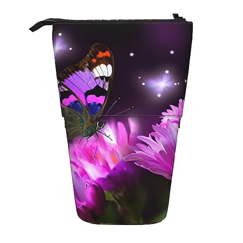 EVANEM Lila Blume Schmetterling Gedruckt Bleistift Fall Stehen Stifthalter Teleskop Bleistift Beutel Oxford Tuch Pop Up Make-up Tasche für Büro Mitte, Violett/Blume/Schmetterling, Einheitsgröße, von EVANEM