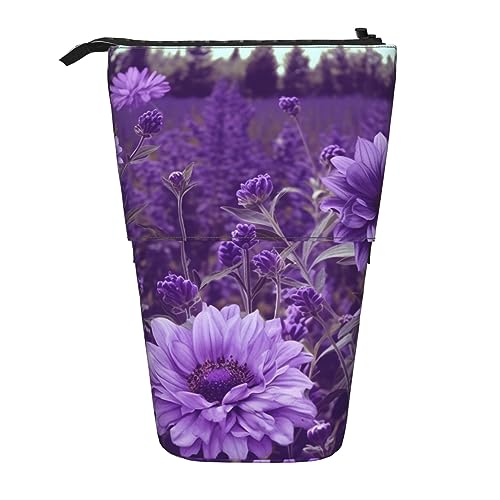 EVANEM Lila Blumen gedruckt Bleistift Fall Stehen Stifthalter Teleskop Bleistift Beutel Oxford Tuch Pop Up Make-up Tasche für Büro Mitte, Violett/Blumenmuster, Einheitsgröße, Taschen-Organizer von EVANEM