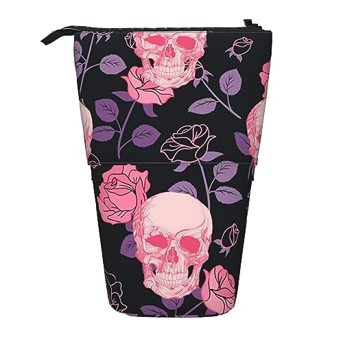 EVANEM Lila Rose Schädel Gedruckt Bleistift Fall Stehen Stifthalter Teleskop Bleistift Pouch Oxford Tuch Pop Up Make-up Tasche für Büro Mitte, Lila Rose Schädel, Einheitsgröße, Taschen-Organizer von EVANEM