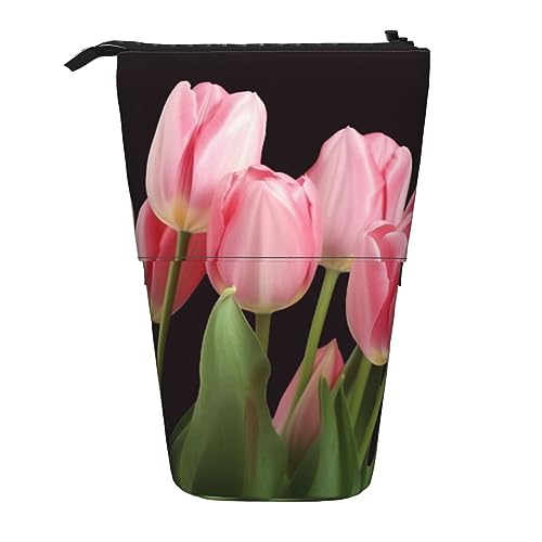 EVANEM Lila Schwarz Schmetterling Gedruckt Bleistift Fall Stehen Stifthalter Teleskop Bleistift Pouch Oxford Tuch Pop Up Make-up Tasche für Büro Mitte, Rosa Tulpen, Einheitsgröße, Taschen-Organizer von EVANEM