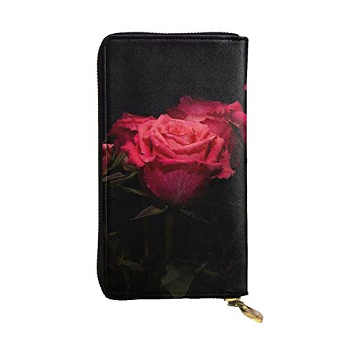 EVANEM Paris Street Tower Pink Floral Damen Lange Geldbörse - Leder Reißverschluss Clutch Geldbörse - Stilvolle Münzbörse mit Kartenfächern, Rote Rose und schwarze Blätter., Einheitsgröße von EVANEM