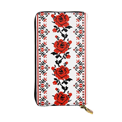 EVANEM Paris Street Tower Pink Floral Damen Lange Geldbörse - Leder Reißverschluss Clutch Geldbörse - Stilvolle Münzbörse mit Kartenfächern, Ukrainische Stickerei Stil Rose, Einheitsgröße von EVANEM