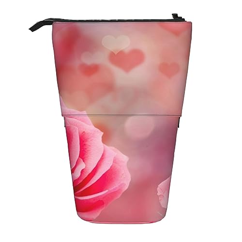 EVANEM Pink Rose Flowers Printed Pencil Case Standing Pen Holder Telescopic Pencil Pouch Oxford Cloth Pop Up Makeup Bag for Office Middle, Rosa Rosen Blumen, Einheitsgröße, Taschen-Organizer von EVANEM