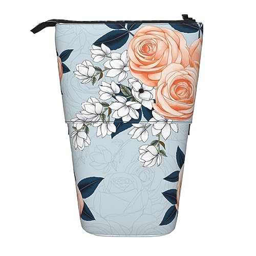 EVANEM Pink Rose Flowers Printed Pencil Case Standing Pen Holder Telescopic Pencil Pouch Oxford Cloth Pop Up Makeup Bag for Office Middle, Rosa Rosen Blumen, Einheitsgröße, Taschen-Organizer von EVANEM