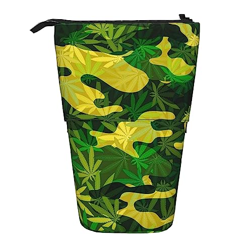 EVANEM Rainbow Ocean Bedrucktes Federmäppchen Stehender Stifthalter Teleskop-Bleistiftbeutel Oxford Tuch Pop Up Make-up-Tasche für Büro Mitte, Rainforest Leaf Camouflage, Einheitsgröße, von EVANEM