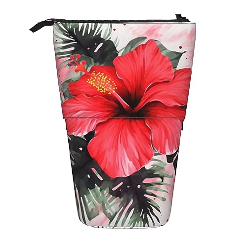 EVANEM Rustikales hölzernes Blumen-bedrucktes Federmäppchen Stehender Stifthalter Teleskop-Bleistiftbeutel Oxford-Stoff Pop-Up-Make-up-Tasche für Büro Mitte, Roter Hibiskus, Einheitsgröße, von EVANEM