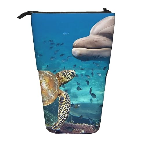 EVANEM Sea Turtle Delphin Fish Printed Pencil Case Standing Pen Holder Telescopic Pencil Pouch Oxford Cloth Pop Up Makeup Bag for Office Middle, Schwarz , Einheitsgröße, Taschen-Organizer von EVANEM