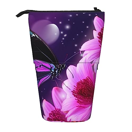 EVANEM Stehendes Federmäppchen Lila Schmetterling Blume Gedruckt Teleskop Bleistifthalter Schreibwaren Fall Pop Up Bleistift Tasche Teleskop Stifthalter Für Büro Arbeit Neujahr Geschenk, Lila von EVANEM