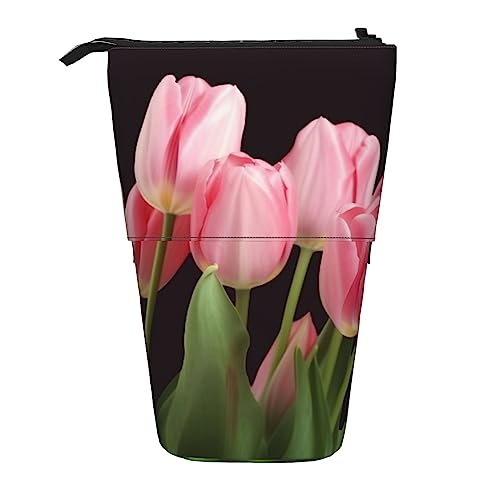 EVANEM Stehendes Federmäppchen Lila Schmetterling Blume Gedruckt Teleskop Bleistifthalter Schreibwaren Fall Pop Up Bleistift Tasche Teleskop Stifthalter Für Büro Arbeit Neujahr Geschenk, Rosa Tulpen, von EVANEM