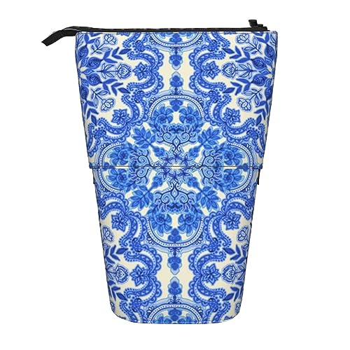 EVANEM Teleskop Federmäppchen Schreibwaren Fall für Büro Blau Folk Art Muster Stehende Bleistifttasche Pop up Bleistifthalter Stifthalter für Urlaub Stand-up Organizer Retractable Pencil Pouch, Blaues von EVANEM