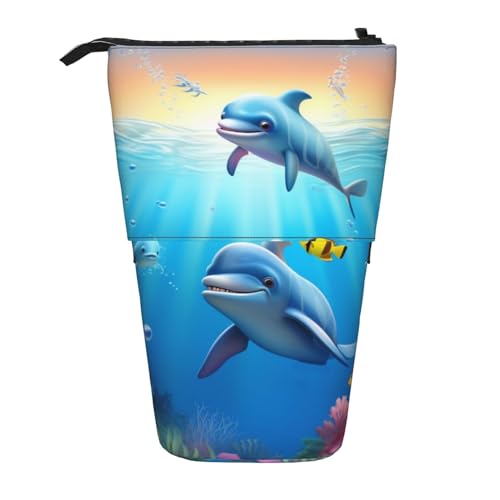 EVANEM Teleskop Federmäppchen Schreibwaren Fall für Büro Meer Tier Delphin Stehende Bleistifttasche Pop up Bleistifthalter Stifthalter für Urlaub Geschenk Stand-up Organizer Retractable Pencil Pouch, von EVANEM