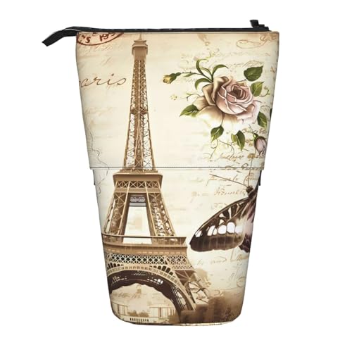 EVANEM Teleskop Federmäppchen Schreibwaren Fall für Büro Rosa Rose Stehende Bleistifttasche Pop up Bleistifthalter Stifthalter für Urlaub Stand-up Organizer Retractable Pencil Pouch, Vintage Paris von EVANEM