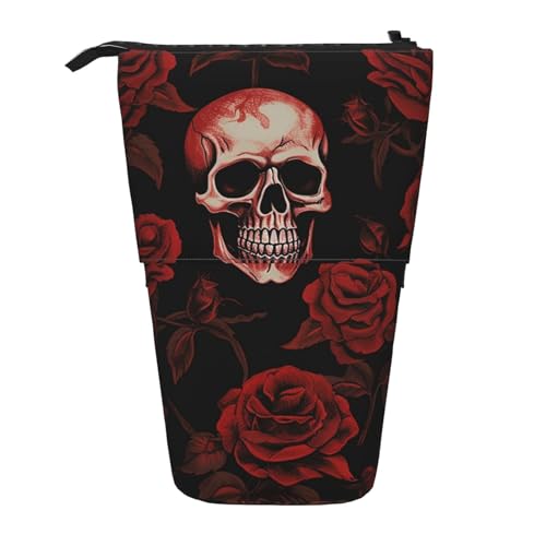 EVANEM Teleskop Federmäppchen Schreibwaren Fall für Büro Schlange Stehen Bleistift Tasche Pop up Bleistift Halter Stifthalter für Urlaub Stand-up Organizer Retractable Pencil Pouch, Totenkopf Rose, von EVANEM