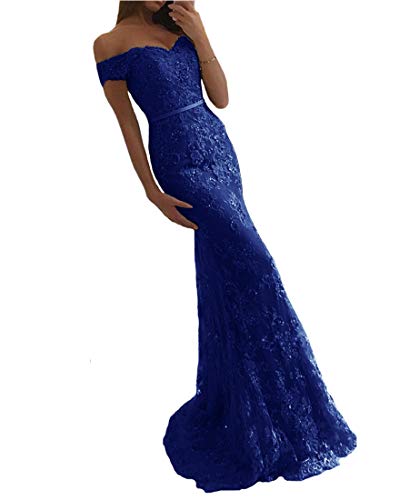 EVANKOU Damen 2019 Elegant Off Shoulder Abendkleid Spitzen Hochzeitskleid Meerjungfrau Ballkleid lang Königsblau Große 46 von EVANKOU