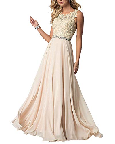 EVANKOU Damen Chiffon Spitze Abendkleider Elegant Brautkleid Lang Festkleid Ballkleid P29 Champagne Größe 42 von EVANKOU