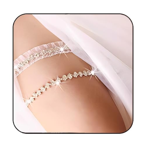 EVAZEN Strumpfband für die Braut, Hochzeit, weiße Spitze, Kristall-Strass-Strass-Strassband, Stretch-Bein, Brautzubehör für Frauen und Mädchen (2 Stück) von EVAZEN