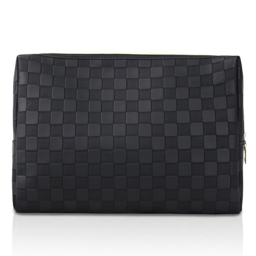 EVDIAGD Große karierte Make-up-Tasche – Retro-Leder-Kosmetiktasche für Frauen – wasserdichte Kulturbeutel – tolles Geschenk für Freundin, Frau oder Mutter, Schwarz, Schwarz von EVDIAGD