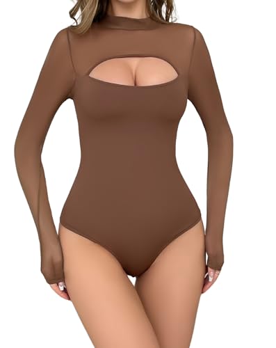 EVELIFE Body Damen Langarm Sexy Dessous Bodysuit Top Bluse Teddy One Piece Unterwäsche Tops Elegante Oberteile(Kaffee,L) von EVELIFE