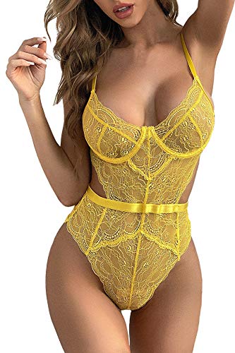 EVELIFE Body Damen Sexy Dessous Bodysuit BH mit Bügel Overall Reizwäsche Negligee Spitze Unterwäsche Babydoll Lingerie (Gelb, XL) von EVELIFE