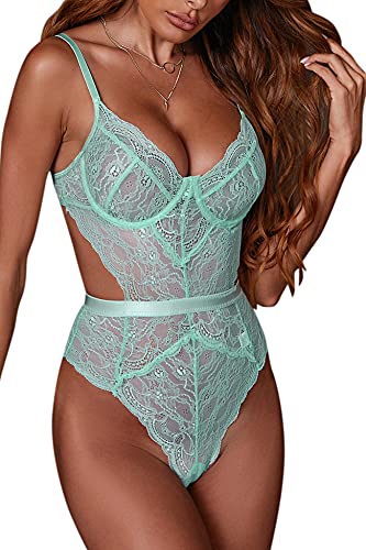 EVELIFE Body Damen Sexy Dessous Bodysuit BH mit Bügel Overall Reizwäsche Negligee Spitze Unterwäsche Babydoll Lingerie (Grüne Minze, L) von EVELIFE