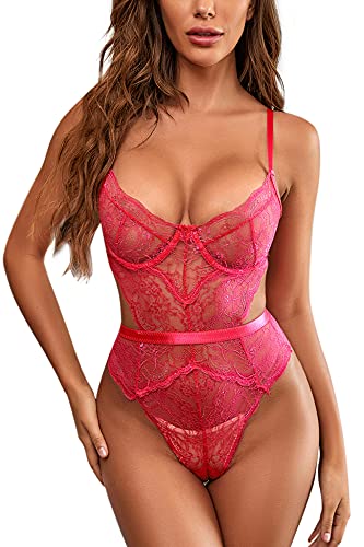 EVELIFE Body Damen Sexy Dessous Bodysuit BH mit Bügel Overall Reizwäsche Negligee Spitze Unterwäsche Babydoll Lingerie (Rose Rot, S) von EVELIFE