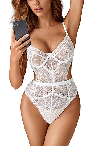 EVELIFE Body Damen Sexy Dessous Bodysuit BH mit Bügel Overall Reizwäsche Negligee Spitze Unterwäsche Babydoll Lingerie (Weiß, M) von EVELIFE