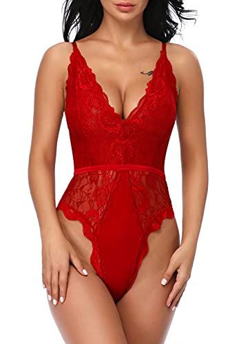 EVELIFE Body Damen Sexy Dessous EIN Stück Teddy Babydoll Spitze Bodysuit Lingerie V-Ausschnitt Unterwäsche Nachtwäsche, Rot, XXL von EVELIFE