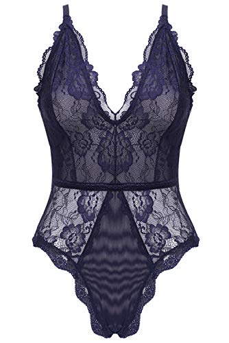 EVELIFE Body Damen Sexy Dessous EIN Stück Teddy Babydoll Spitze Bodysuit Lingerie V-Ausschnitt Unterwäsche Nachtwäsche, Blau, M von EVELIFE