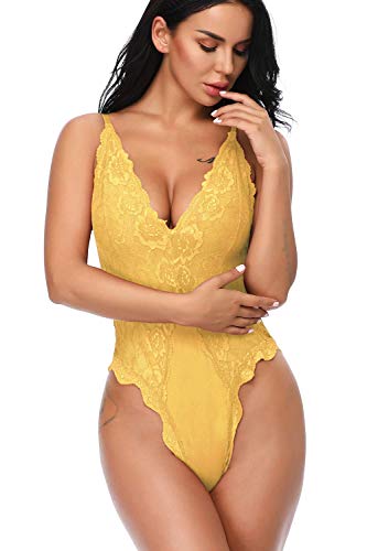 EVELIFE Body Damen Sexy Dessous EIN Stück Teddy Babydoll Spitze Bodysuit Lingerie V-Ausschnitt Unterwäsche Nachtwäsche, Gelb, M von EVELIFE