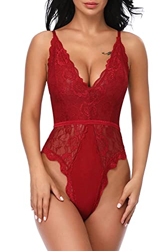 EVELIFE Body Damen Sexy Dessous EIN Stück Teddy Babydoll Spitze Bodysuit Lingerie V-Ausschnitt Unterwäsche Nachtwäsche, Weinrot, M von EVELIFE