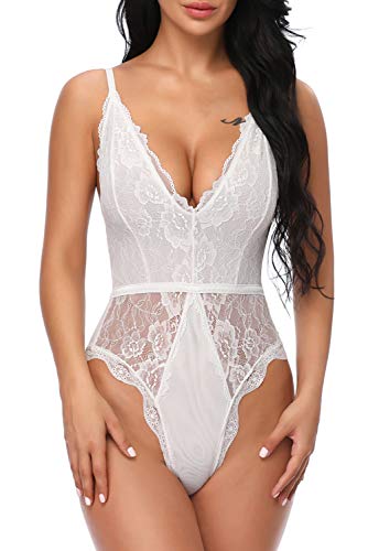 EVELIFE Body Damen Sexy Dessous EIN Stück Teddy Babydoll Spitze Bodysuit Lingerie V-Ausschnitt Unterwäsche Nachtwäsche, Weiß, L von EVELIFE