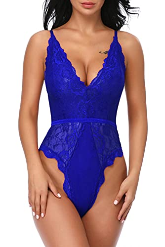 EVELIFE Body Damen Sexy Dessous EIN Stück Teddy Babydoll Spitze Bodysuit Lingerie V-Ausschnitt Unterwäsche Nachtwäsche, Königsblau, L von EVELIFE