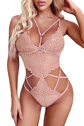 EVELIFE Body Damen Sexy Spitze Teddy Unterwäsche Reizwäsche V Ausschnitt Rückenfrei Dessous Riemchenunterwäsche Bodysuit Lingerie Transparent (Rosa X-Large) von EVELIFE