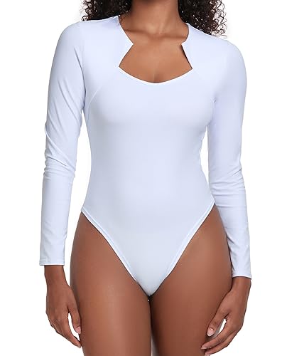 EVELIFE Body Damen Sexy Weicher Langarm Bodies Rundhalsausschnitt Casual Blusenbody Top (Weiß,S) von EVELIFE