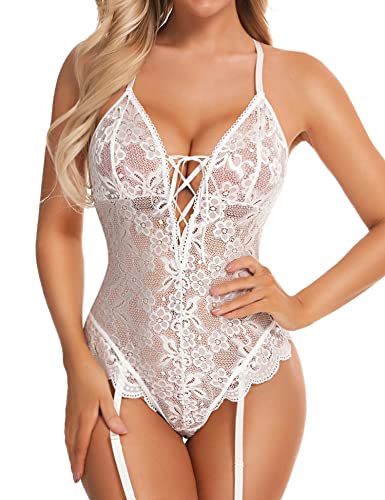 EVELIFE Body für Damen, sexy Dessous, Spitze, Body, transparent, rückenfrei, Unterwäsche, Dessous-Set mit Strumpfband, weiß, 36 von EVELIFE