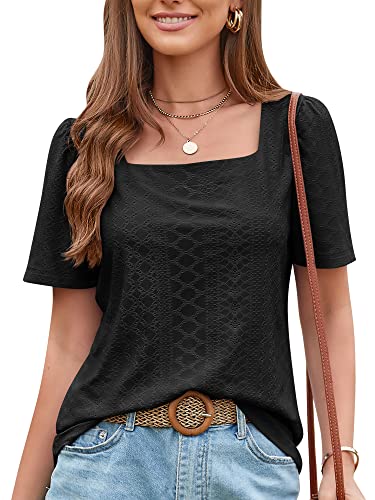 EVELIFE Damen Arbeitshemden Sommer T-Shirts Kurzarm Ösen Blusen U Ausschnitt Dressy Casual Tops, Schwarz , Small von EVELIFE