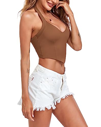 EVELIFE Damen Crop Top Sexy V-Ausschnitt Neckholder ärmellos Tank Top Weste Bustier Top (Braun,M) von EVELIFE