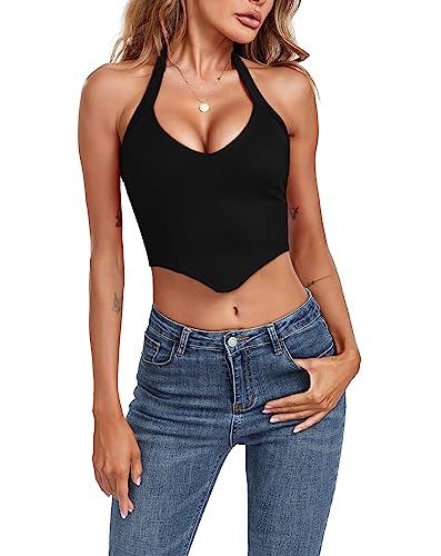 EVELIFE Damen Crop Top Sexy V-Ausschnitt Neckholder ärmellos Tank Top Weste Bustier Top (Schwarz,L) von EVELIFE